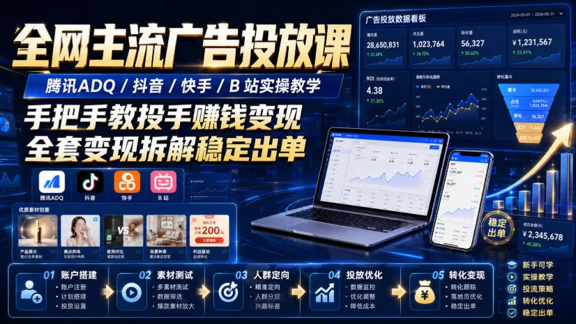 全网主流广告投放课，腾讯ADQ / 抖音 / 快手 / B 站实操教学，手把手教投手赚钱变现，全套变现拆解稳定出单-梦帆创业网