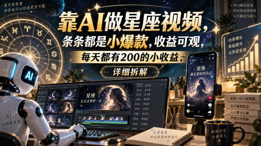 靠AI做星座视频，条条都是小爆款，收益可观，每天都有200的小收益，详细拆解-梦帆创业网