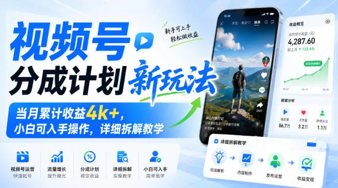 视频号分成计划新玩法，当月累计收益4k+，小白可入手操作，详细拆解教学-梦帆创业网