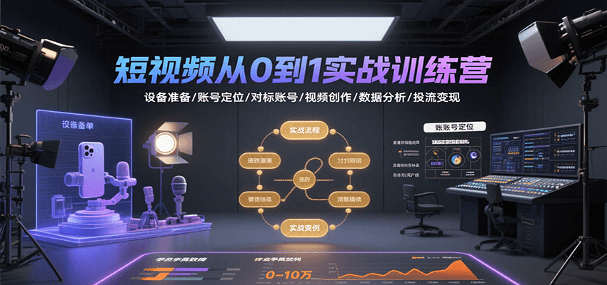 短视频从0到1实战训练营：设备准备/账号定位/对标账号/视频创作/数据分析/投流变现-梦帆创业网