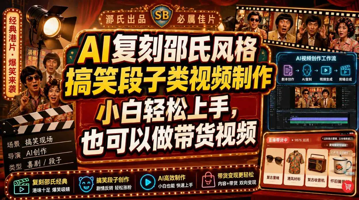 AI复刻邵氏风格搞笑段子类视频制作，小白轻松上手，也可以做带货视频-梦帆创业网