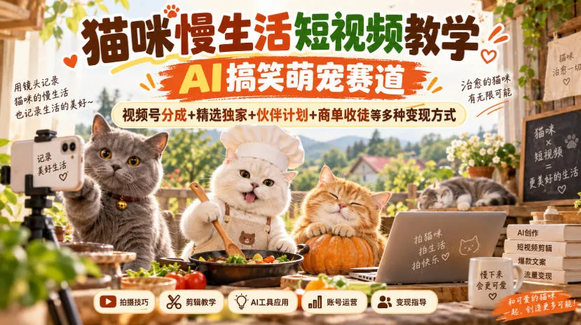 猫咪慢生活短视频教学，AI搞笑萌宠赛道，视频号分成+精选独家+伙伴计划+商单收徒等多种变现方式-梦帆创业网