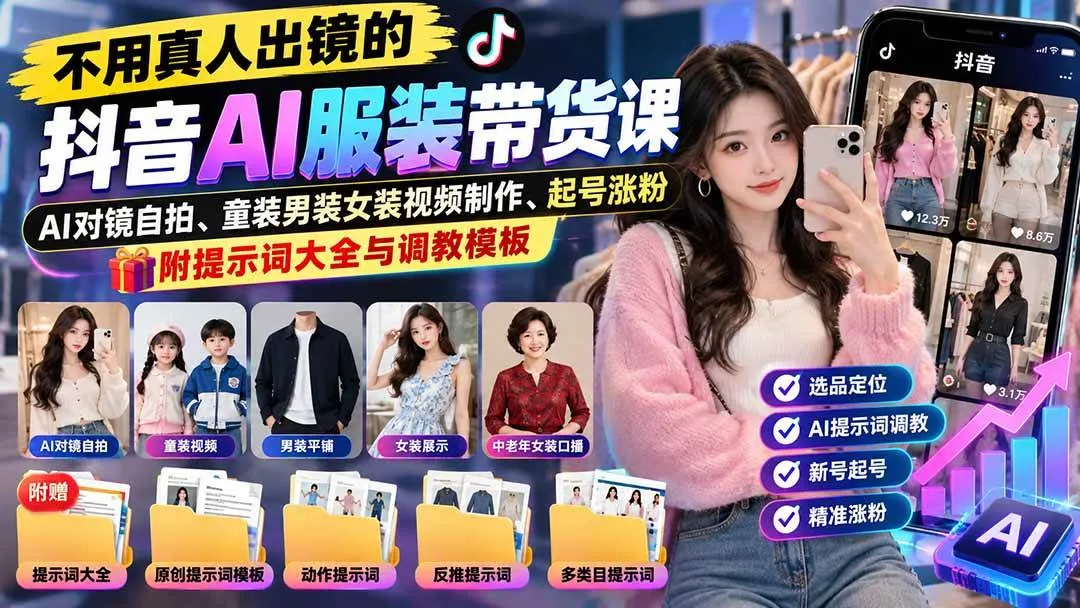 （20960期）不用真人出镜的抖音AI服装带货课：AI对镜自拍、童装男装女装视频制作、起号涨粉，附提示词大全与调教模板-梦帆创业网