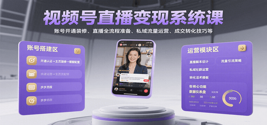 视频号直播变现系统课，账号开通装修、直播全流程准备、私域流量运营、成交转化技巧等-梦帆创业网