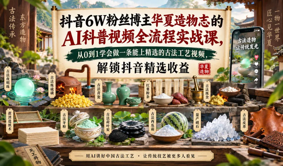 抖音6W粉丝博主华夏造物志的AI科普视频全流程实战课，从0到1学会做一条能上精选的古法工艺视频，解锁抖音精选收益-梦帆创业网