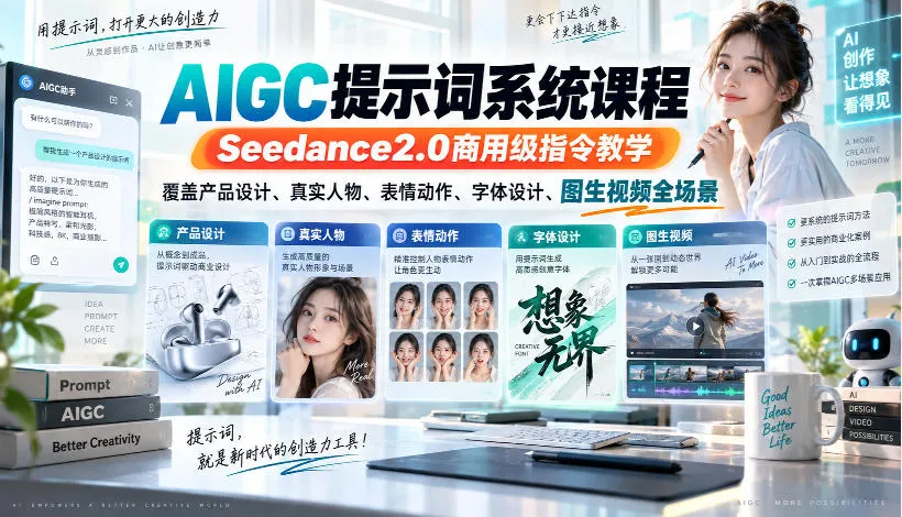 AIGC提示词系统课程，Seedance2.0商用级指令教学，覆盖产品设计、真实人物、表情动作、字体设计、图生视频全场景-梦帆创业网