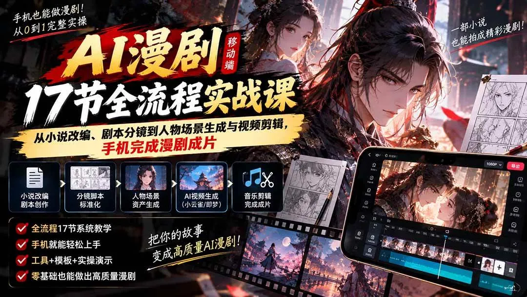 (20624期)AI漫剧移动端17节全流程实战课:从小说改编、剧本分镜到人物场景生成与视频剪辑,手机完成漫剧成片 (20624期)AI漫剧移动端17节全流程实战课:从小说改编、剧本分镜到人物场景生成与视频剪辑,手机完成漫剧成片