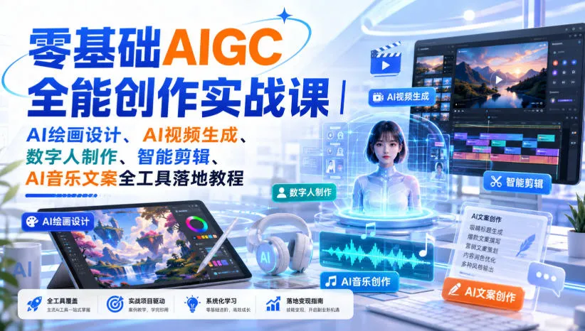 零基础AIGC全能创作实战课｜AI绘画设计、AI视频生成、数字人制作、智能剪辑、AI音乐文案全工具落地教程-梦帆创业网