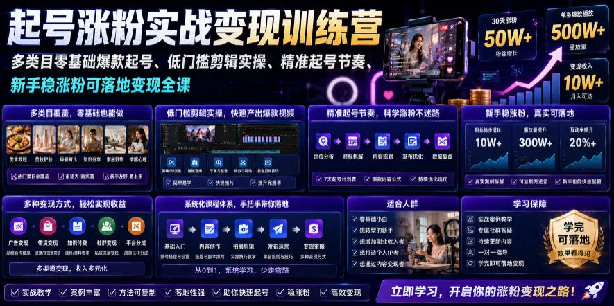 苗子起号涨粉实战变现训练营，多类目零基础爆款起号、精准起号节奏、新手稳涨粉可落地变现全课（更新0719）-梦帆创业网