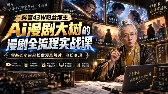 抖音43W粉丝博主Ai漫剧大树的漫剧制作全流程实战课，零基础小白轻松做漫剧短片，涨粉变现-梦帆创业网