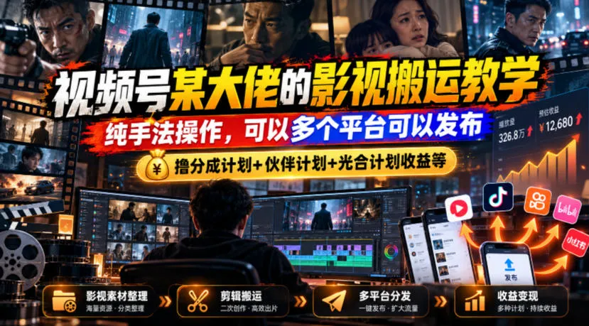 视频号某大佬的影视搬运教学,纯手法操作,可以多个平台可以发布,撸分成计划+伙伴计划+光合计划收益等 视频号某大佬的影视搬运教学,纯手法操作,可以多个平台可以发布,撸分成计划+伙伴计划+光合计划收益等