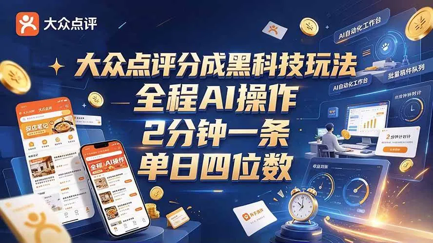 （21013期）大众点评分成全网独家玩法，AI 全自动出内容，2 分钟一条，小白可冲单日四位数-梦帆创业网