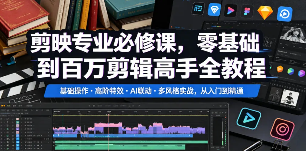 剪映专业必修课，零基础到百万剪辑高手全教程，基础操作・高阶特效・AI联动・多风格实战，从入门到精通-梦帆创业网