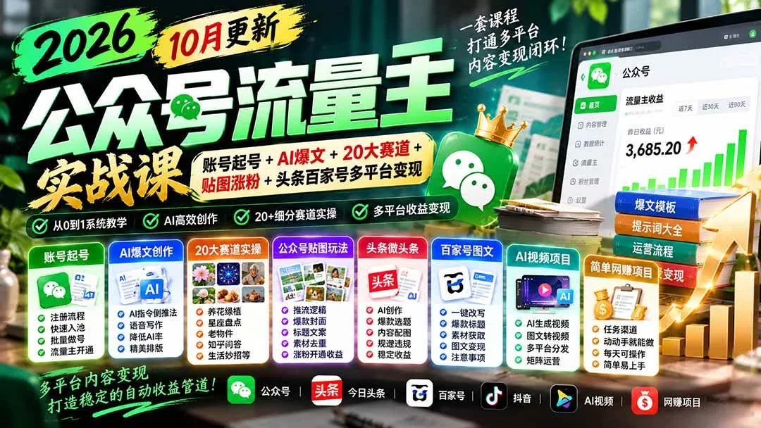 (20878期)2026公众号流量主实战课-10月更新:账号起号+AI爆文+20大赛道+贴图涨粉+头条百家号多平台变现 (20878期)2026公众号流量主实战课-10月更新:账号起号+AI爆文+20大赛道+贴图涨粉+头条百家号多平台变现
