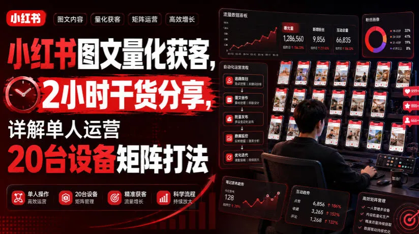 小红书图文量化获客，2小时干货分享，详解单人运营20台设备矩阵打法-梦帆创业网