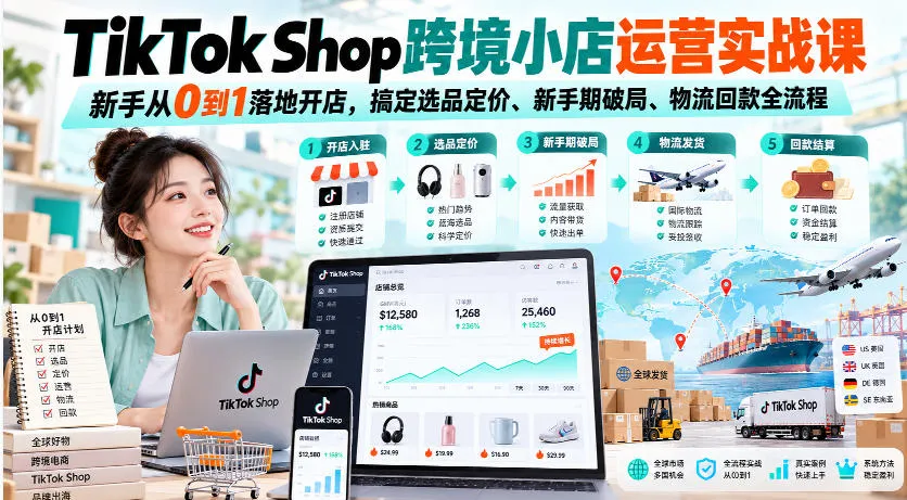 TikTok Shop跨境小店运营实战课，新手从0到1落地开店，搞定选品定价、新手期破局、物流回款全流程-梦帆创业网