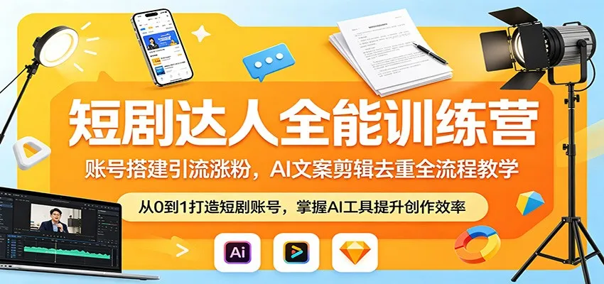 短剧达人全能训练营：账号搭建引流涨粉，AI 文案剪辑去重全流程教学-梦帆创业网