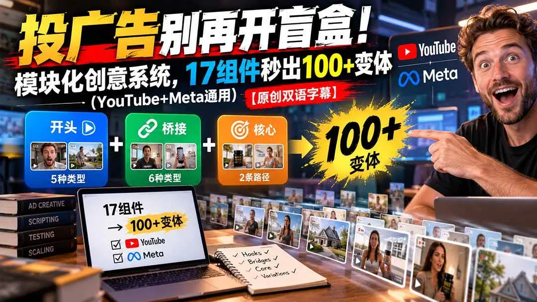 （20840期）投广告别再开盲盒！模块化创意系统，17组件秒出100+变体（YouTube+Meta通用）【原创双语字幕】-梦帆创业网