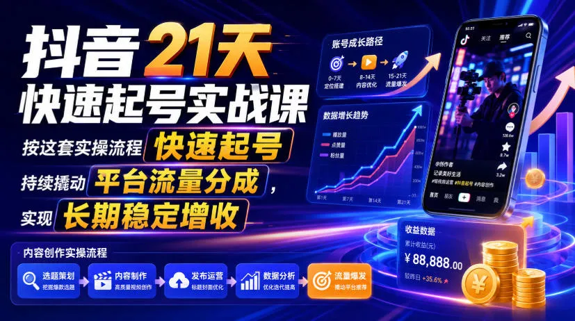 抖音21天快速起号实战课，按这套实操流程快速起号，持续撬动平台流量分成，实现长期稳定增收-梦帆创业网