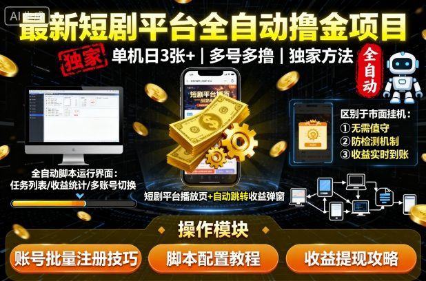 最新短剧平台全自动挂G撸金项目，单机一天3张+，多号多撸，区别于市面所有挂机项目，独家方法【揭秘】-梦帆创业网