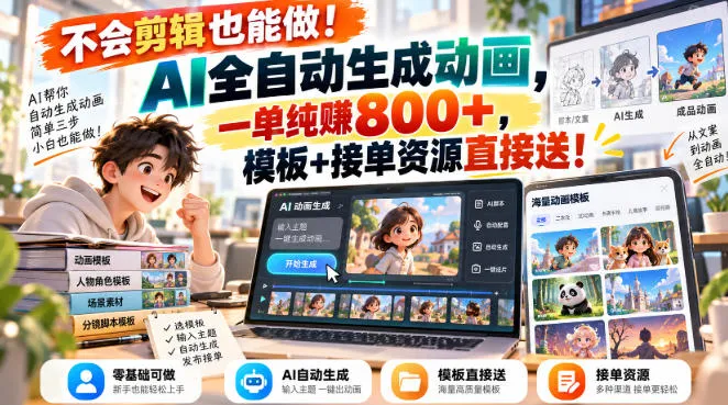 不会剪辑也能做！AI全自动生成动画，一单纯賺800+，模板+接单资源直接送！【揭秘】-梦帆创业网