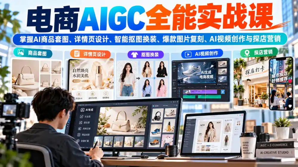 电商AIGC全能实战课：掌握AI商品套图、详情页设计、智能抠图换装、爆款图片复刻、AI视频创作与探店营销-梦帆创业网
