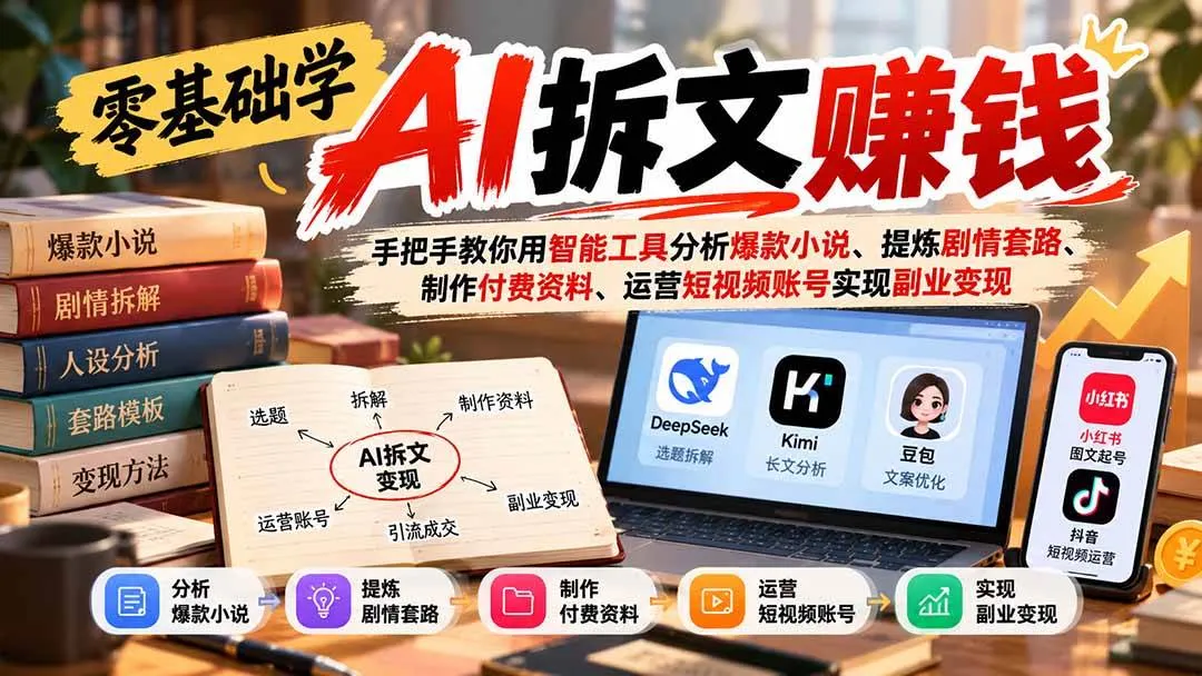 （21030期）零基础学AI拆文赚钱：手把手教你用智能工具分析爆款小说、提炼剧情套路、制作付费资料、运营短视频账号实现副业变现-梦帆创业网