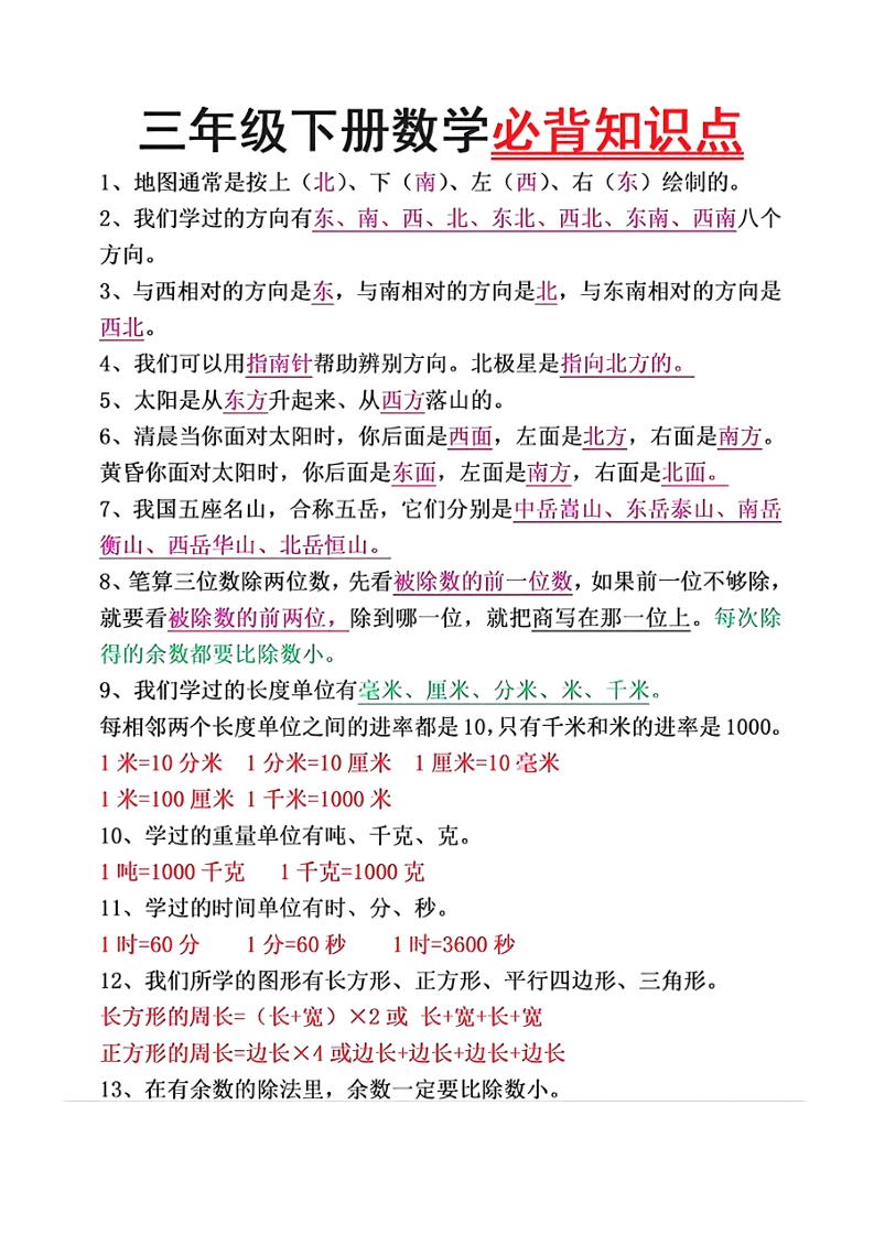三下数学必背26个重点知识-梦帆创业网