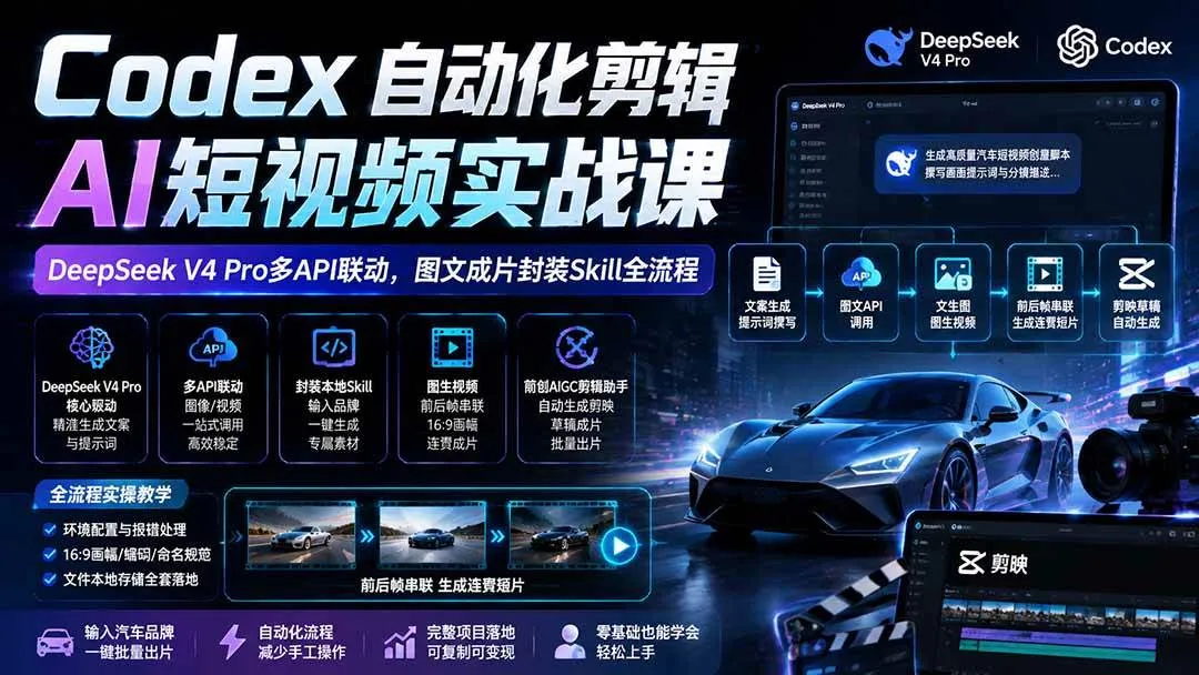 (19711期)Codex自动化剪辑AI短视频实战课|DeepSeek V4 Pro多API联动,图文成片封装Skill全流程 (19711期)Codex自动化剪辑AI短视频实战课|DeepSeek V4 Pro多API联动,图文成片封装Skill全流程