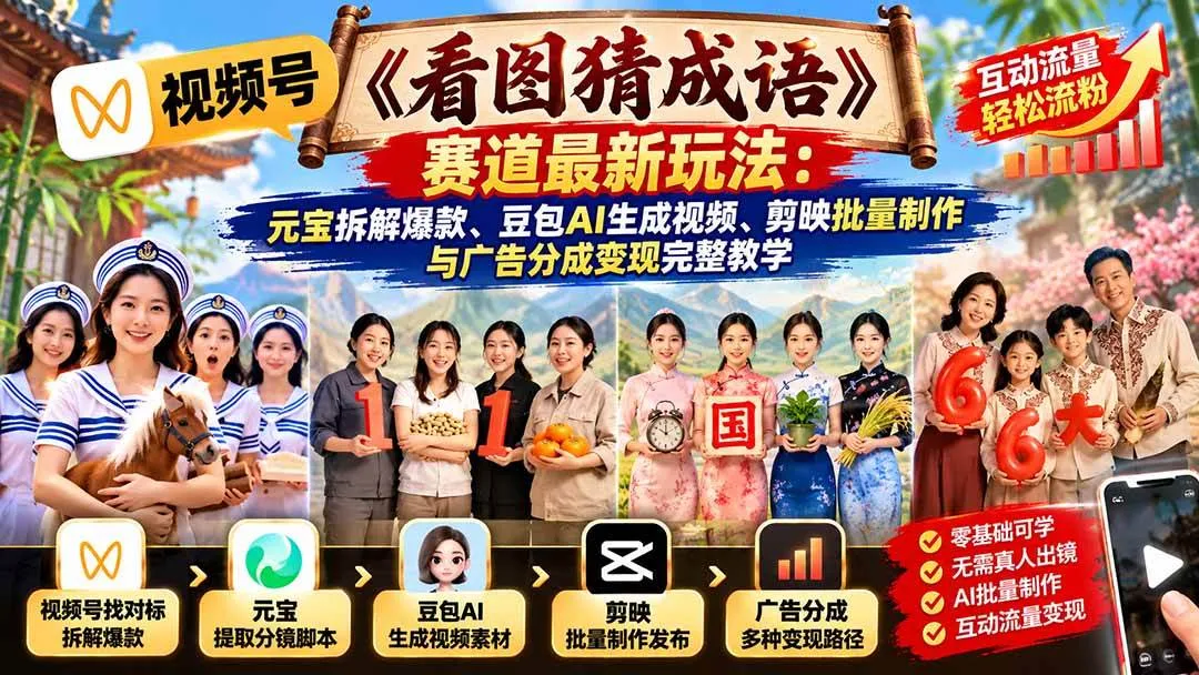 （21060期）视频号《看图猜成语》赛道最新玩法：元宝拆解爆款、豆包AI生成视频、剪映批量制作与广告分成变现完整教学-梦帆创业网