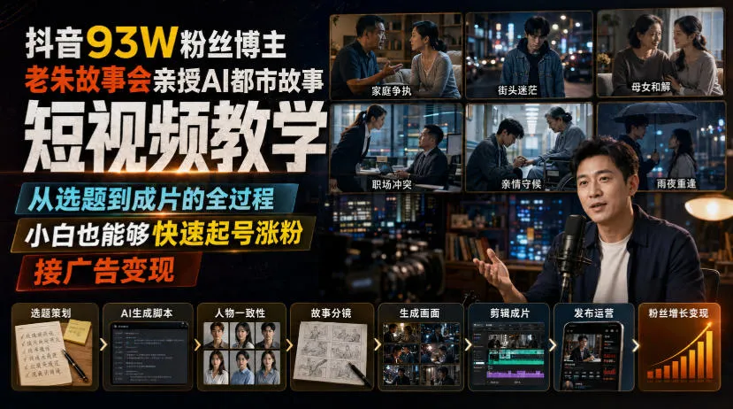 抖音93W粉丝博主老朱故事会亲授AI都市故事短视频教学，从选题到成片的全过程，小白也能够快速起号涨粉接广告变现-梦帆创业网