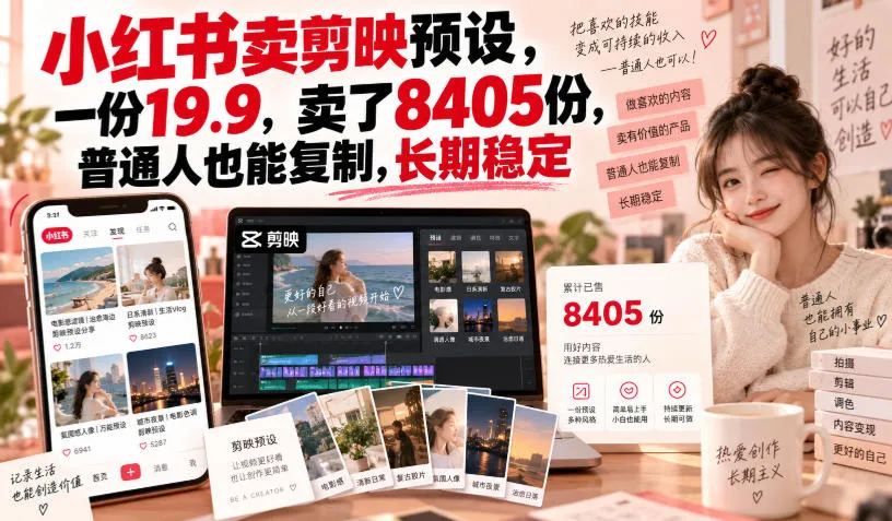 小红书卖剪映预设，一份19.9，卖了8405份，普通人也能复制，长期稳定-梦帆创业网