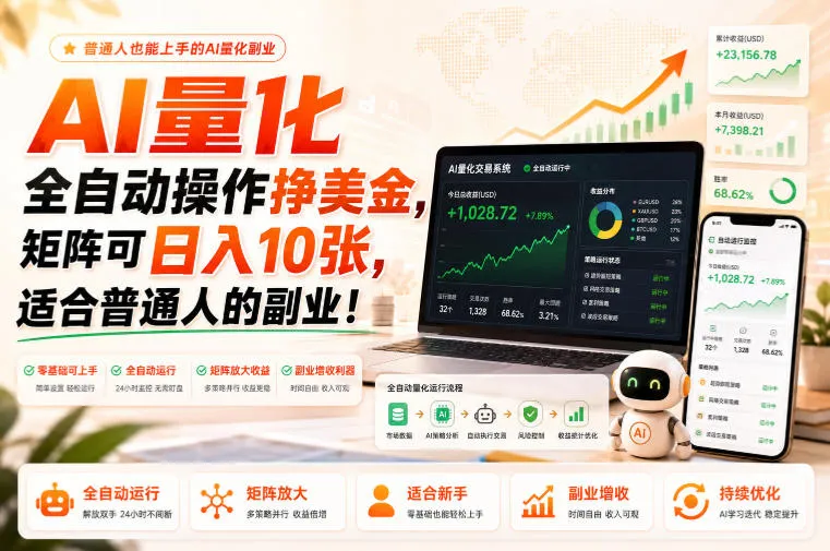 AI量化全自动操作挣美金,矩阵可日入10张,适合普通人的副业!【揭秘】 AI量化全自动操作挣美金,矩阵可日入10张,适合普通人的副业!【揭秘】