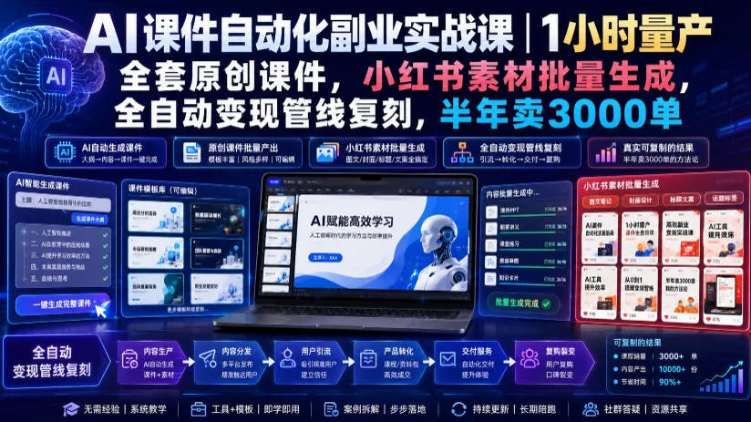 AI课件自动化副业实战课｜1小时量产全套原创课件，小红书素材批量生成，全自动变现管线复刻，半年卖3000单-梦帆创业网