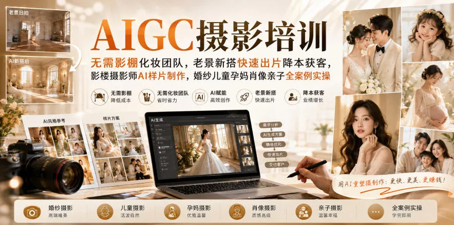 AIGC摄影培训|无需影棚化妆团队,老景新搭快速出片降本获客,影楼摄影师AI样片制作,婚纱儿童孕妈肖像亲子全案例实操 AIGC摄影培训|无需影棚化妆团队,老景新搭快速出片降本获客,影楼摄影师AI样片制作,婚纱儿童孕妈肖像亲子全案例实操