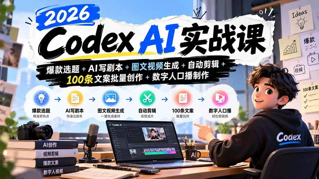 （20899期）2026Codex AI实战课：爆款选题+AI写剧本+图文视频生成+自动剪辑+100条文案批量创作+数字人口播制作-梦帆创业网