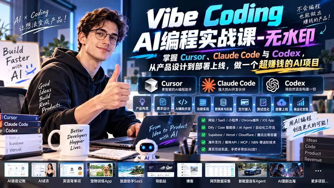 （20431期）Vibe Coding AI编程实战课-无水印：掌握Cursor、Claude Code与Codex，从产品设计到部署上线，做一个超赚钱的AI项目-梦帆创业网