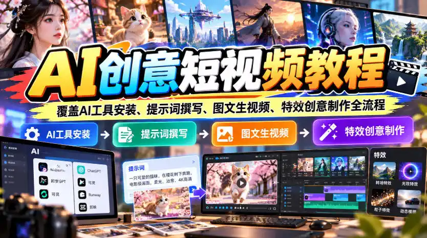 AI创意短视频教程，覆盖AI工具安装、提示词撰写、图文生视频、特效创意制作全流程-梦帆创业网
