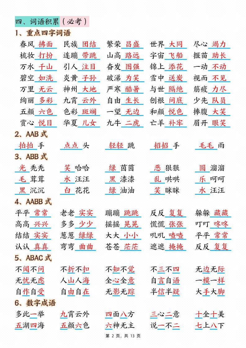 二下语文期中复习核心考点汇总（10大知识点）13页-梦帆创业网