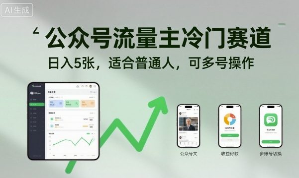 公众号流量主冷门赛道，日入5张，适合普通人，可多号操作-梦帆创业网