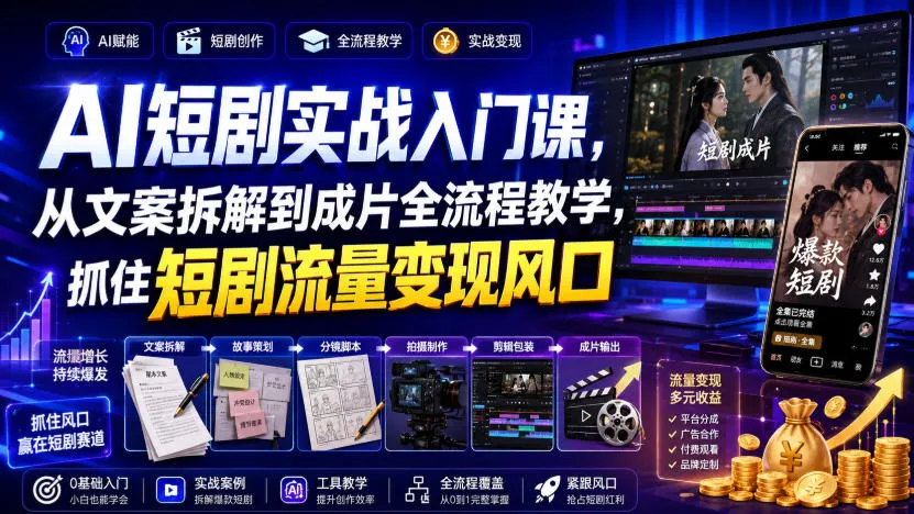 AI短剧实战入门课，从文案拆解到成片全流程教学，抓住短剧流量变现风口-梦帆创业网