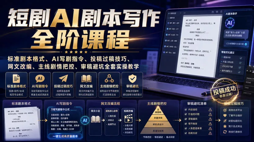 短剧AI剧本写作全阶课程|标准剧本格式、AI写剧指令、投稿过稿技巧、网文改编、主线剧情把控、审稿避坑全套实操教学 短剧AI剧本写作全阶课程|标准剧本格式、AI写剧指令、投稿过稿技巧、网文改编、主线剧情把控、审稿避坑全套实操教学