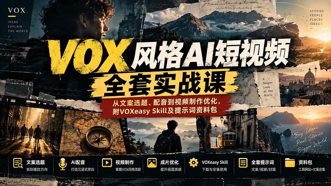 （20677期）【无水印】VOX风格AI短视频全套实战课：从文案选题、配音到视频制作优化，附VOXeasy Skill及提示词资料包