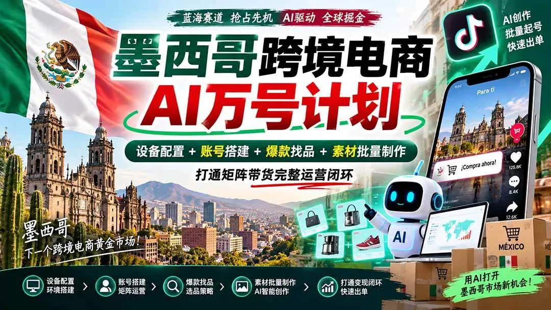 （20500期）墨西哥AI跨境电商万号计划｜设备配置+账号搭建+爆款找品+素材批量制作，打通矩阵带货完整运营闭环-梦帆创业网