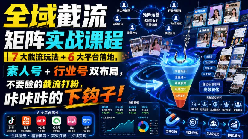 全域截流矩阵实战课程｜7大截流玩法+6大平台落地，素人号+行业号双布局，不要脸的截流打粉，咔咔咔的下钩子！-梦帆创业网