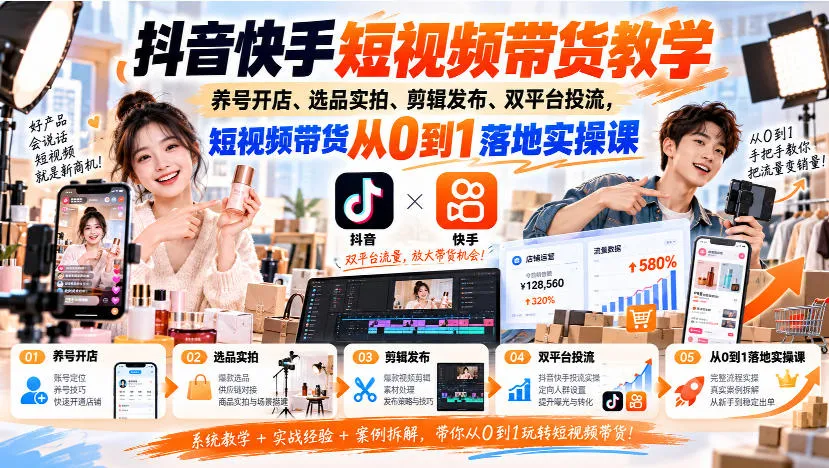 抖音快手短视频带货教学｜养号开店、选品实拍、剪辑发布、双平台投流，短视频带货从0到1落地实操课-梦帆创业网