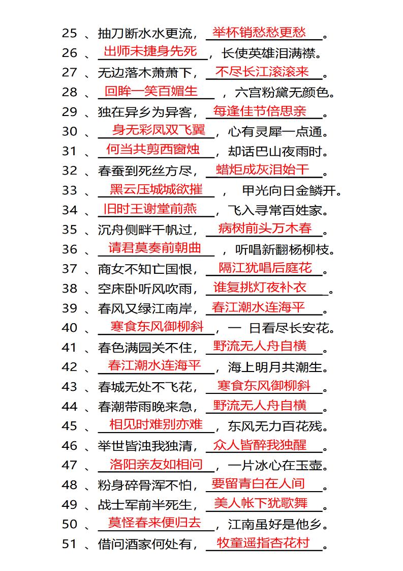 四年级下语文常考古诗词填空100题有答案-梦帆创业网