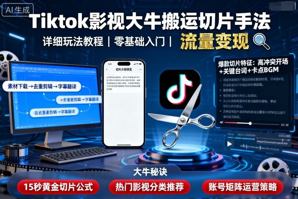 Tiktok影视大牛搬运切片手法，详细玩法教程-梦帆创业网