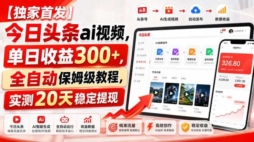 【独家首发】今日头条ai视频，单日收益300+，全自动保姆级教程，实测20天稳定提现【揭秘】-梦帆创业网