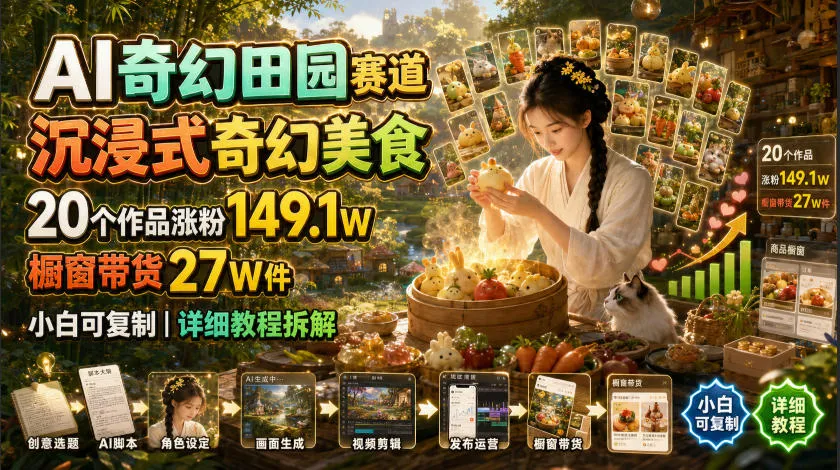AI奇幻田园赛道，沉浸式奇幻美食，20个作品涨粉149.1W，橱窗带货27W件，小白可复制，详细教程拆解-梦帆创业网